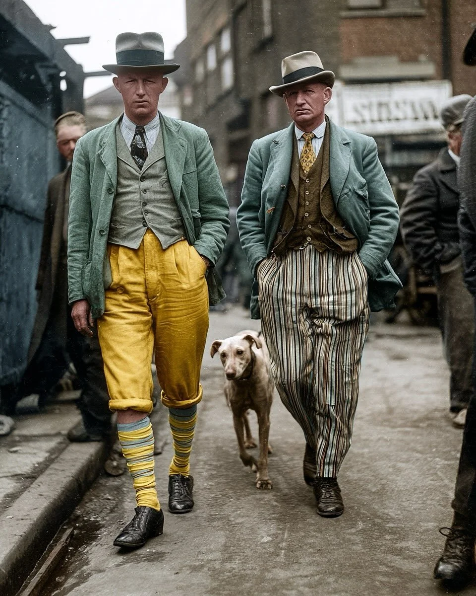 The East End swagger never dies.
Loud trousers, louder laughs.
Dogs at their heels, beer in their hands,
guns in the alleys, and stories that outlived them all.
This was brotherhood.
This was gangster life.
#eastend #gangsterlife #britishhistory #s