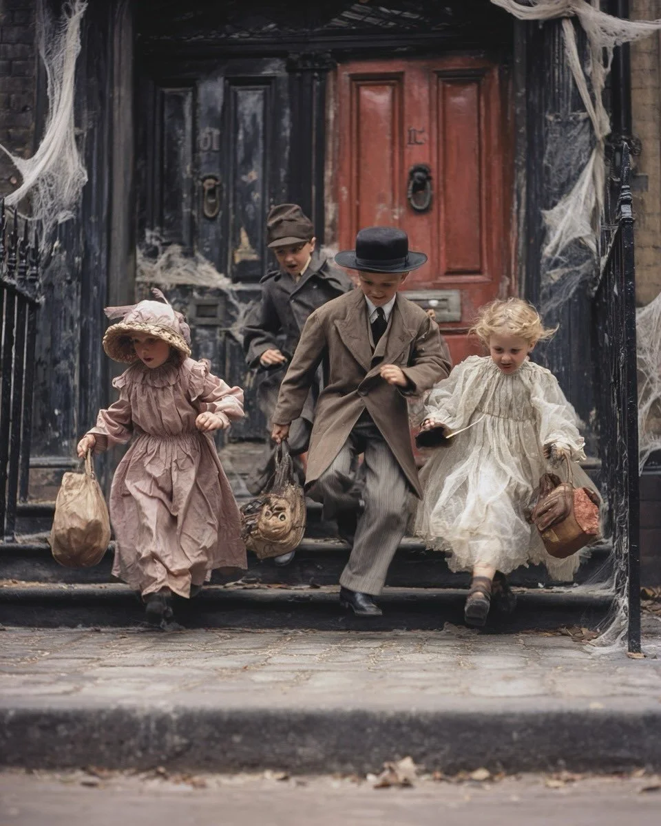 Shadows in the streets, laughter in the night.
Hand-stitched costumes, paper lanterns, painted masks.
A flicker of innocence mixed with unease —
the strange joy of being frightened together.
#halloween #vintagehalloween #retroaesthetic #aiart