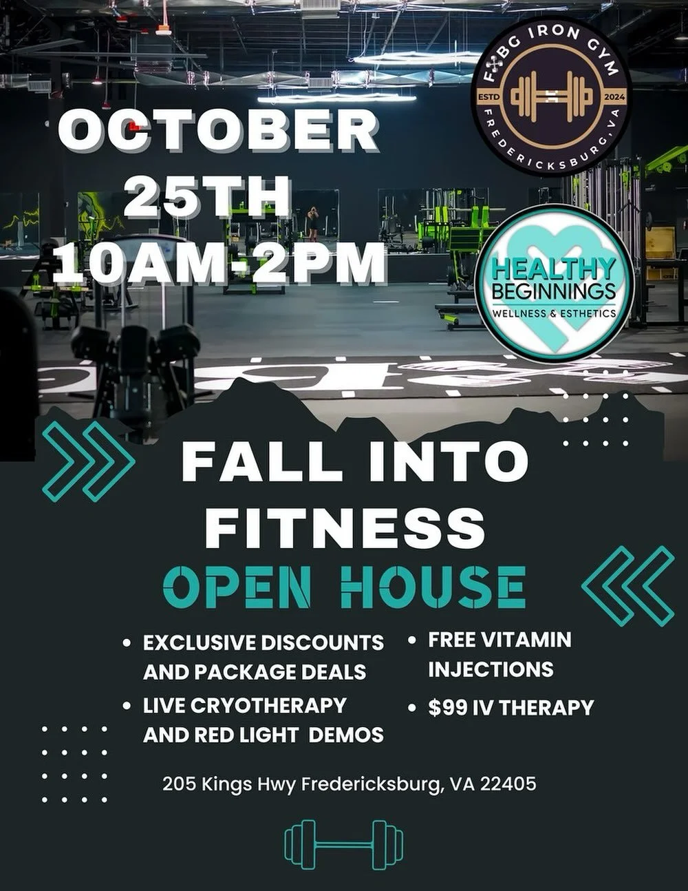 ๐ Join us for the Fall Into Fitness Open House right here at FXBG Iron Gym!
A day full of movement, recovery, and community connections:
๐ช Live demos
๐ Free injections
๐ง $99 IV Therapy
๐ฎ Taco truck
๐๏ธ B101.5 Broadcasting Live
We’re prou