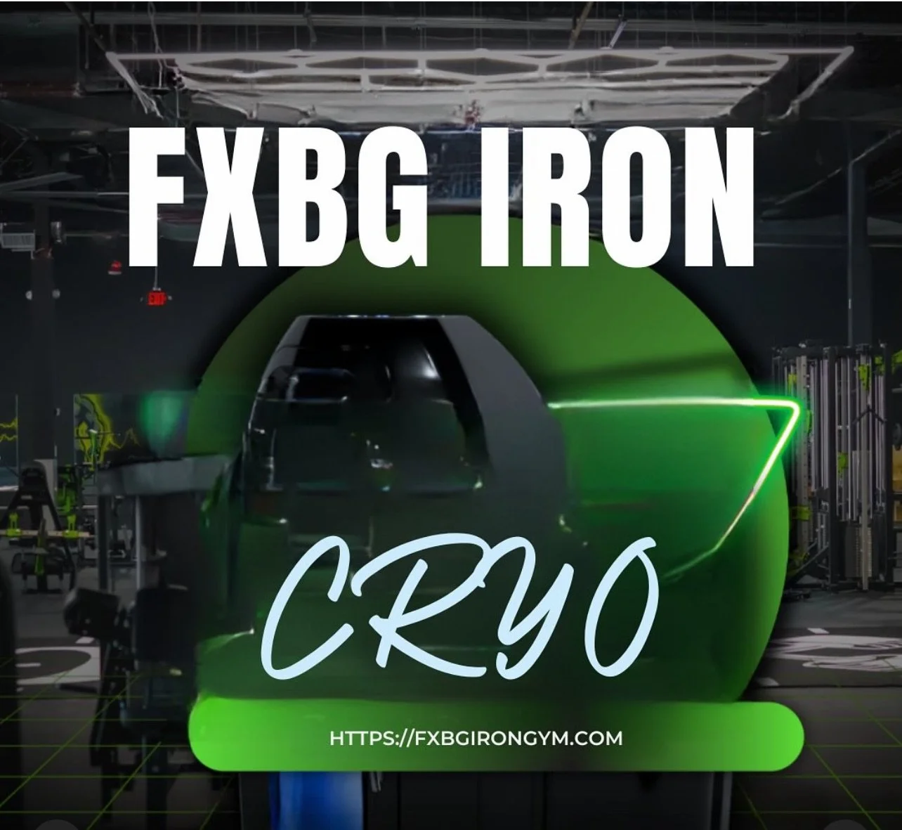 A fitness gym with a VR bike in the center, illuminated by neon green lights, with the text 'FXBG IRON CRYO' and a website link 'HTTPS://FXBGIRONGYM.COM' overlaid.