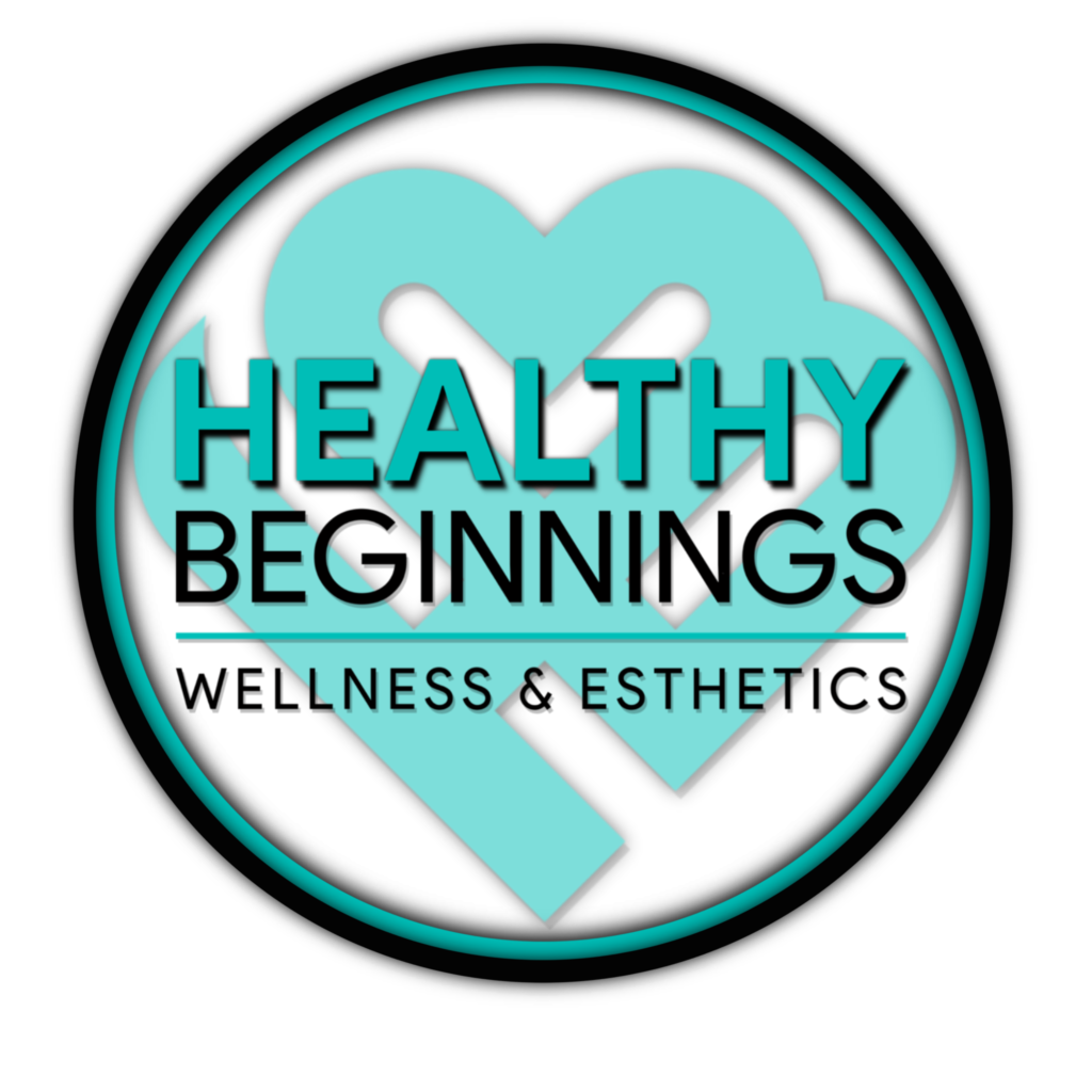 A logo with a black background featuring a heart design and the text 'Healthy Beginnings Wellness & Esthetics' in turquoise and black, inside a circular border.