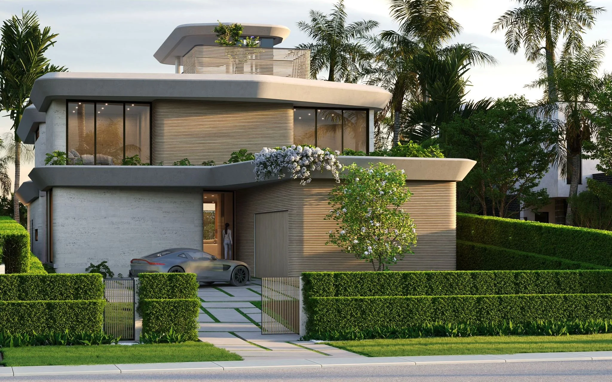 Modern two-story house with large glass windows, surrounded by lush green trees and manicured hedges, with a sleek gray sports car parked in the driveway.