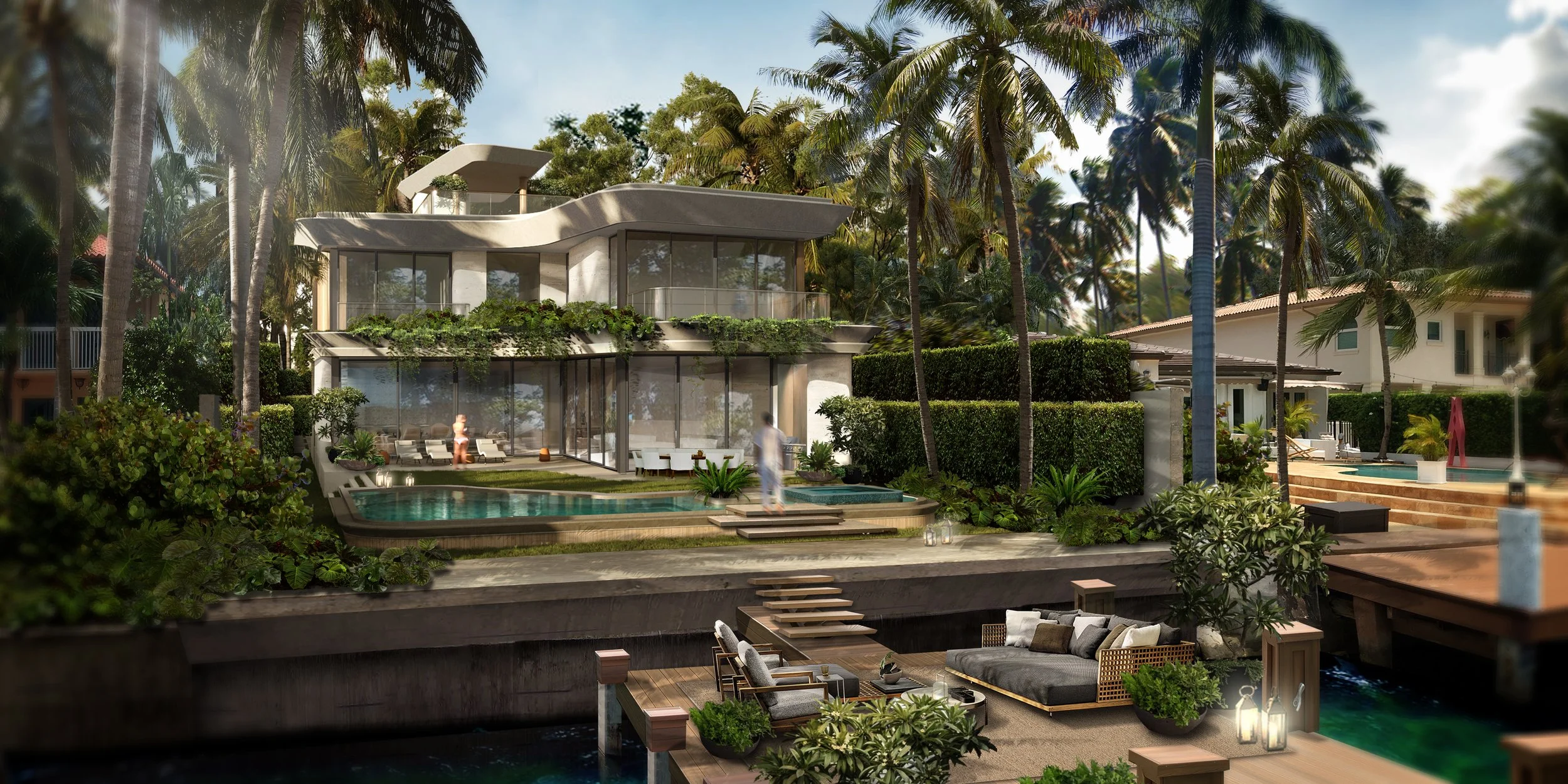 Modern multi-story house with large glass windows and greenery on balconies, surrounded by tall palm trees, with a backyard featuring a pool, outdoor seating area, and lush landscaped garden.