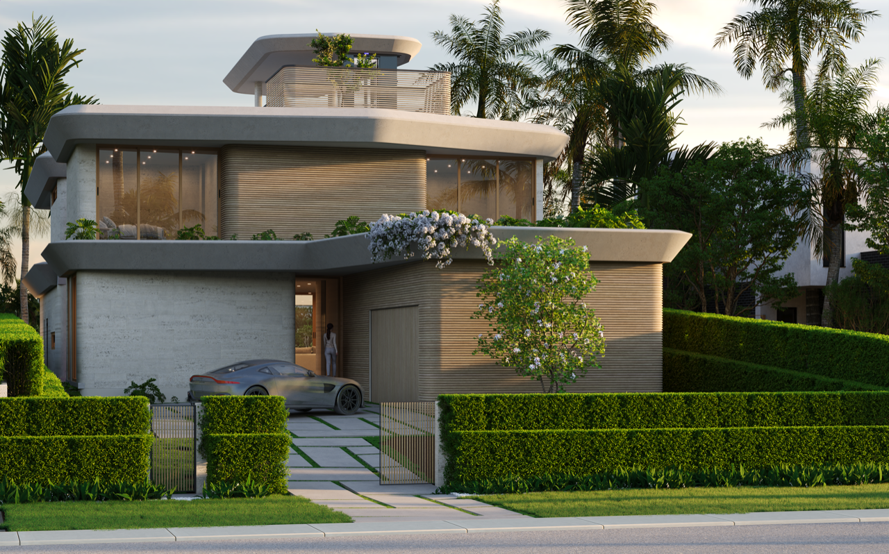 Modern two-story house with curved balconies, large glass windows, and a garage with a silver sports car. The house is surrounded by manicured green hedges, trees, and landscaping, with a person standing in the entrance.