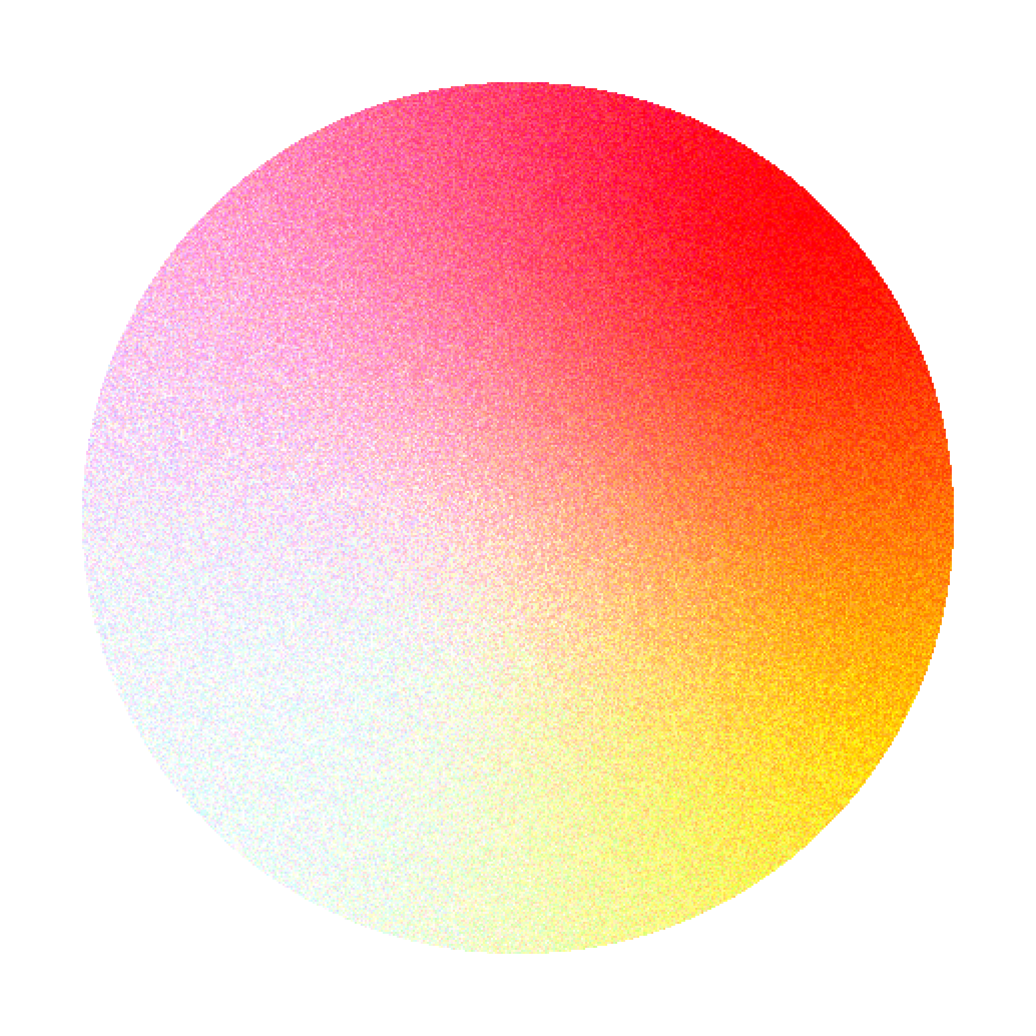 Pixelated color gradient pie chart with shades of red, pink, orange, yellow, and white.