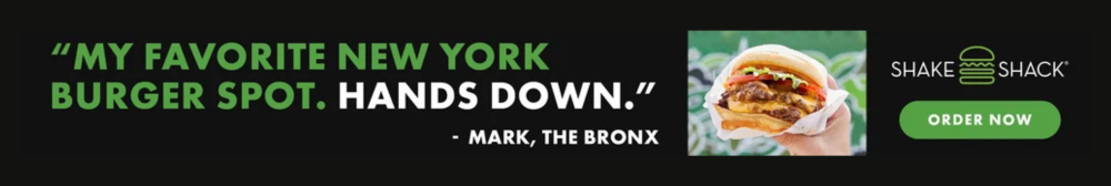 Advertisement for Shake Shack featuring a burger and a green "Order Now" button, with a quote about a favorite New York burger spot.