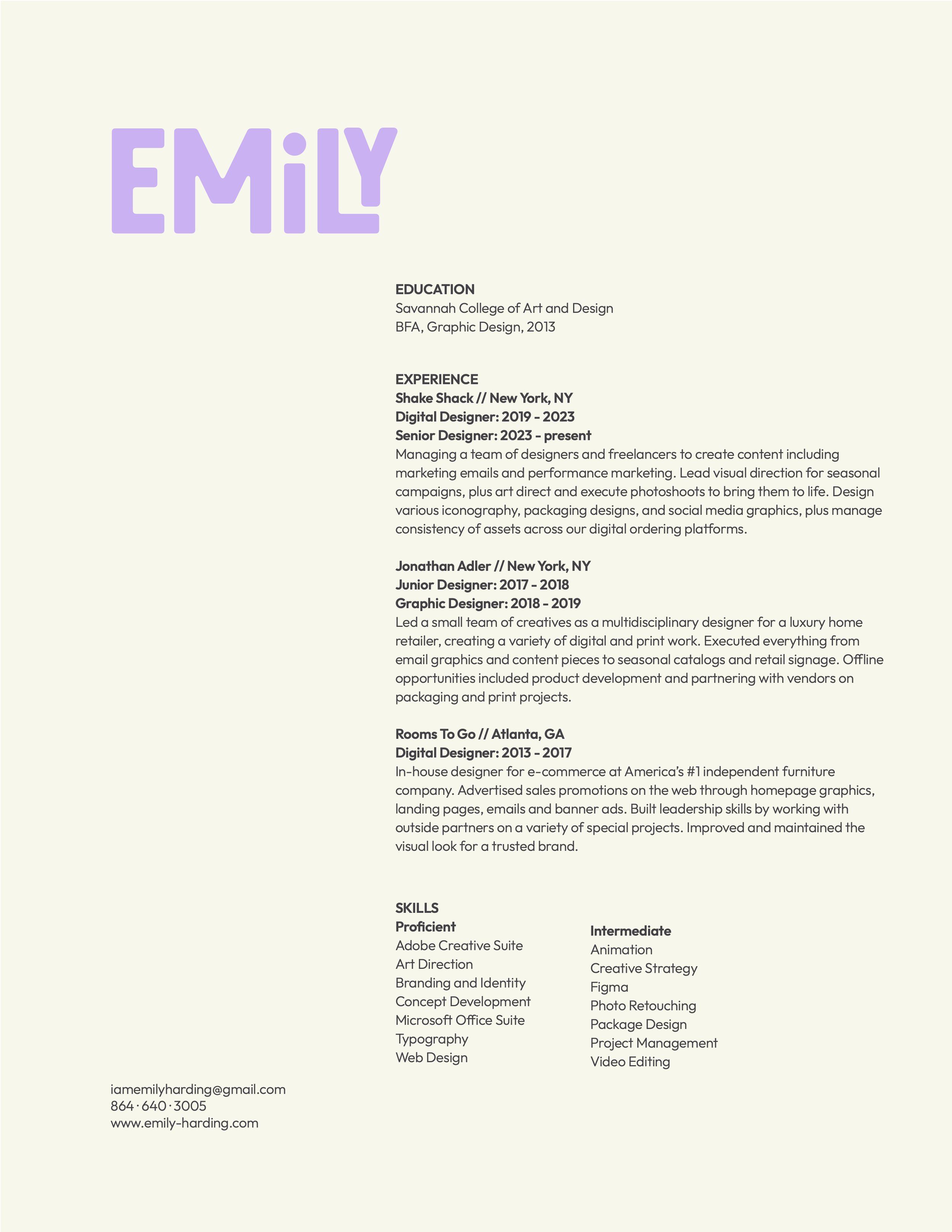 A resume or curriculum vitae for someone named Emily, with sections for education, experience, skills, and contact information. The name 'Emily' is prominently displayed at the top in large, purple font.