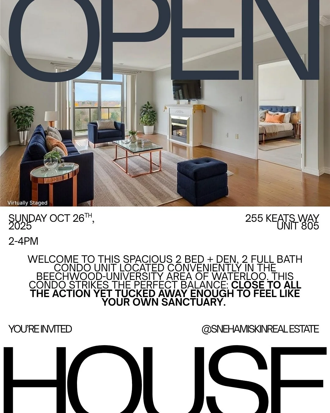 omg you get three free months of condo fees paid on this one! 😍 Join me this Sunday 2-4 PM at 255 Keats Way in Waterloo to check this suite out.
When I first saw this unit I was so impressed with the space and potential. The balcony is such a beaut