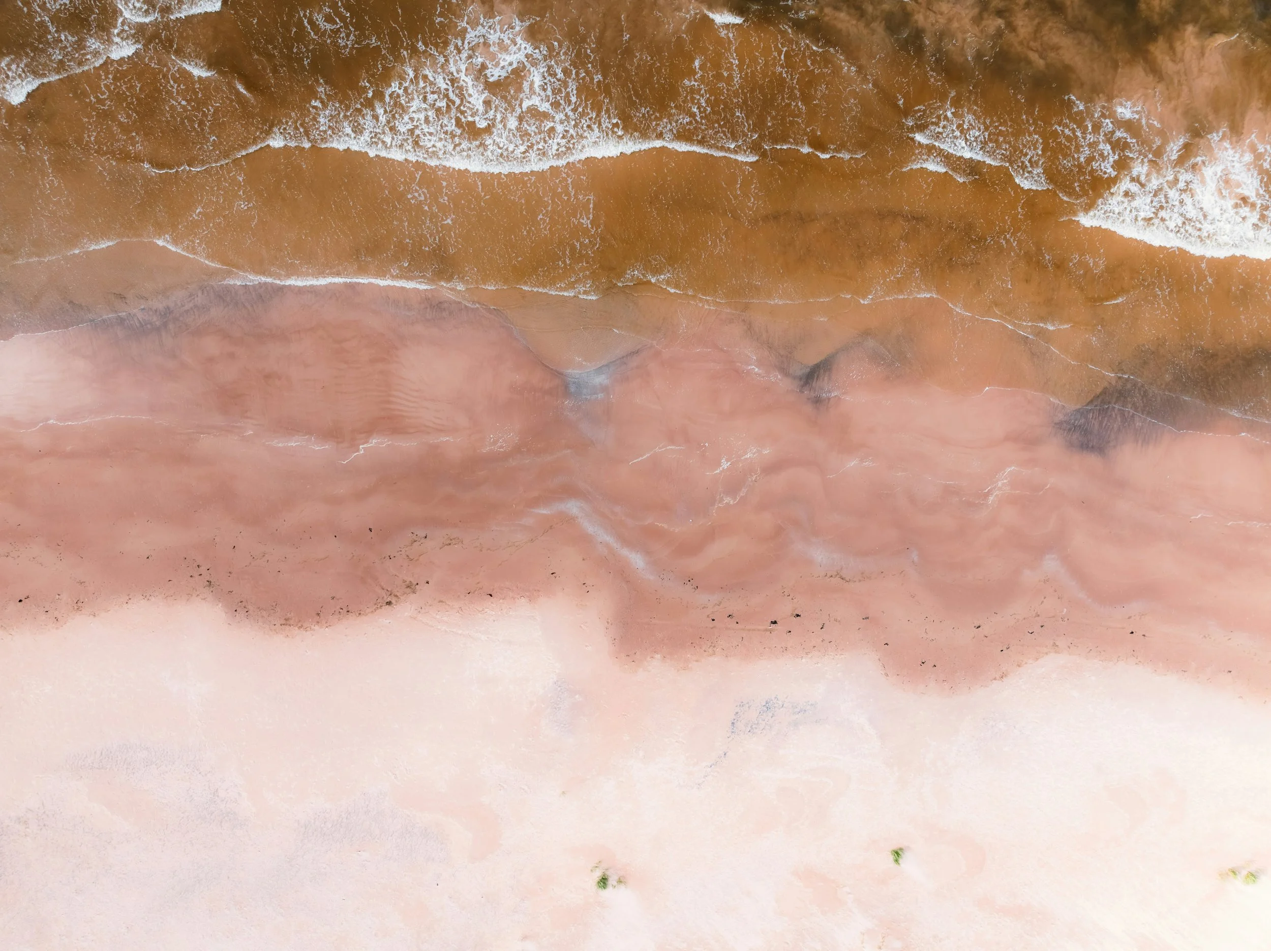 waves lapping with white foam on copper brown sand, visually echoing the fluid, restorative nature of biodynamic craniosacral work
