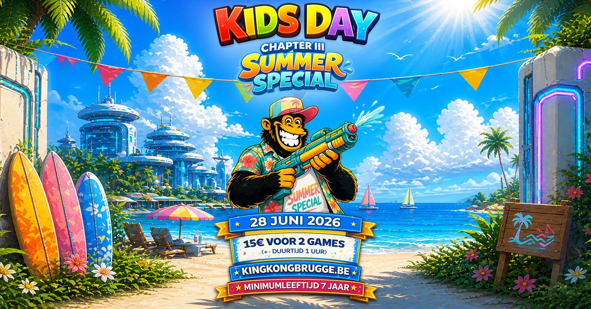 Promotieflyer voor Kids Day Summer Special op 28 juni 2026, met prijsinformatie, website en minimumleeftijd van 7 jaar, afgebeeld met een gorilla met een waterpistool op een strand onder een blauwe hemel met palmbomen en kleurrijke surfplanken.