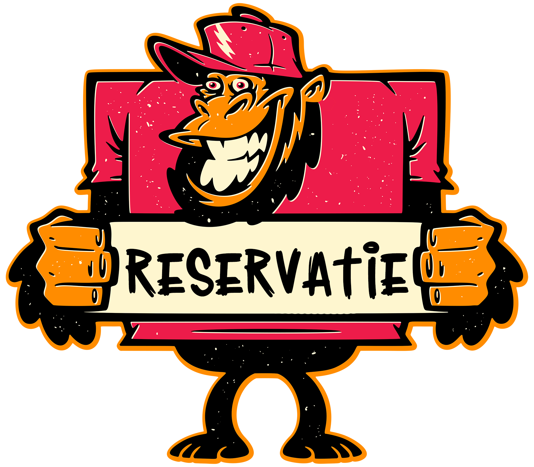 Een cartoonhoorn met een lachend gezicht, een hoed en handen die een bord vasthouden met de tekst 'Reservering'.