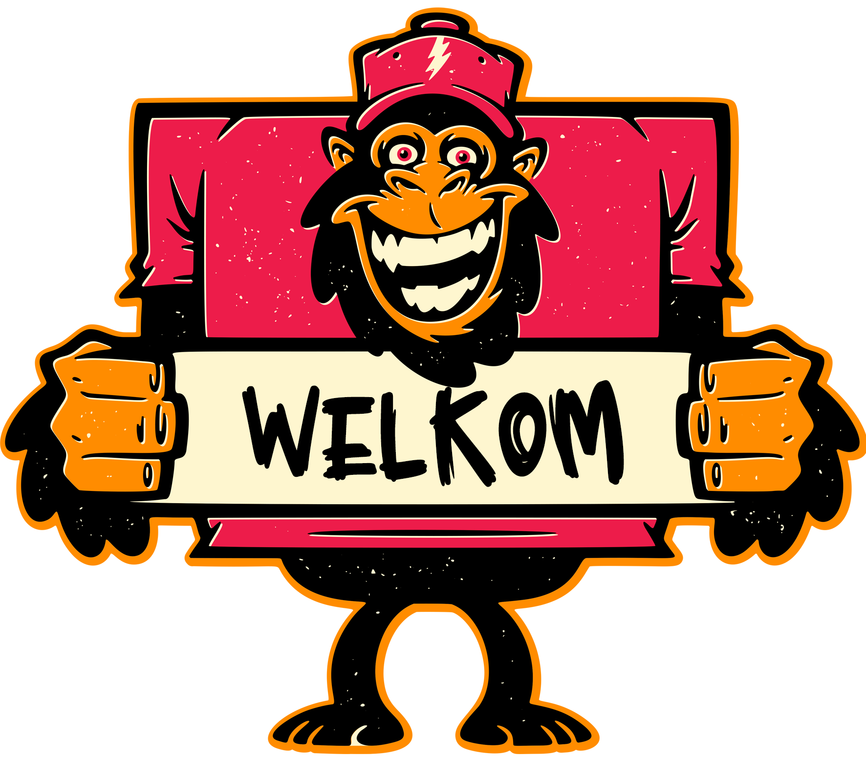 Een cartoon aap die een welkombord vasthoudt met de tekst 'Welkom'.