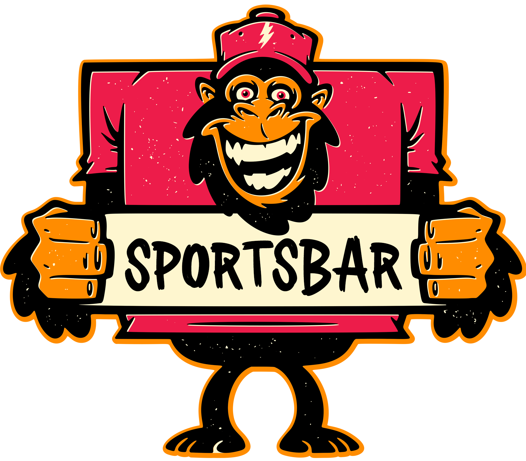 Een cartoontekening van een lachende aap met een pet, die een bord vasthoudt met de tekst 'SPORTSBAR'.