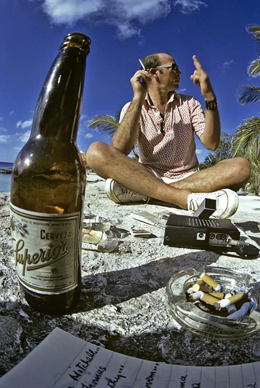 Hunter S. Thompson in color, chatting, Mexico, Al Satterwhite, 1974