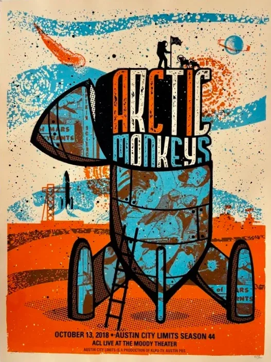 Promotional poster for ARCTIC MONKEYS concert on October 13, 2018, at the Austin City Limits season 44 at The Moody Theater in Austin, Texas. The poster features stylized artwork of a spaceship with the band's name integrated into the design, with abstract space and desert landscape elements in blue and orange colors.