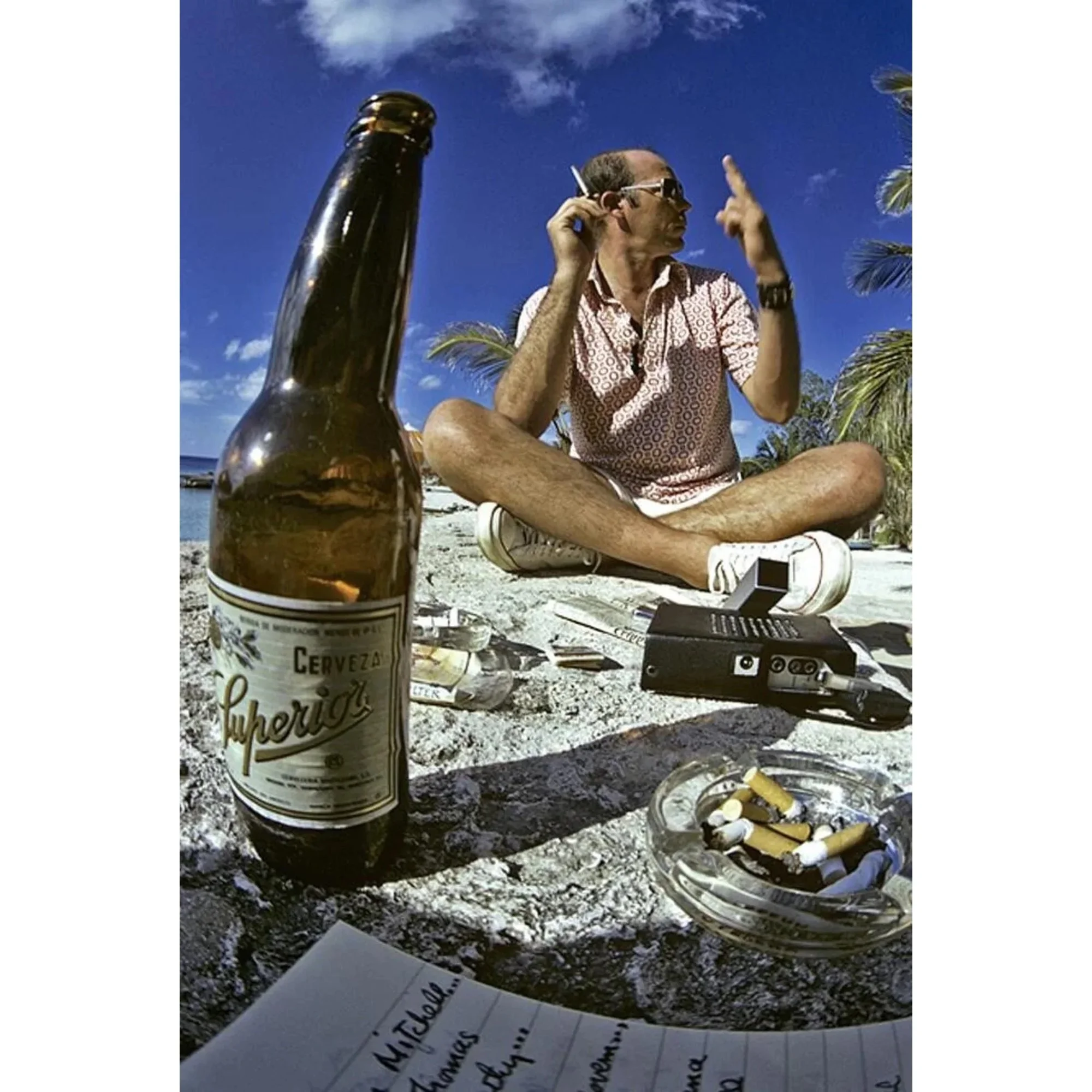 Hunter S Thompson in color, chatting, Mexico, Al Satterwhite, 1974