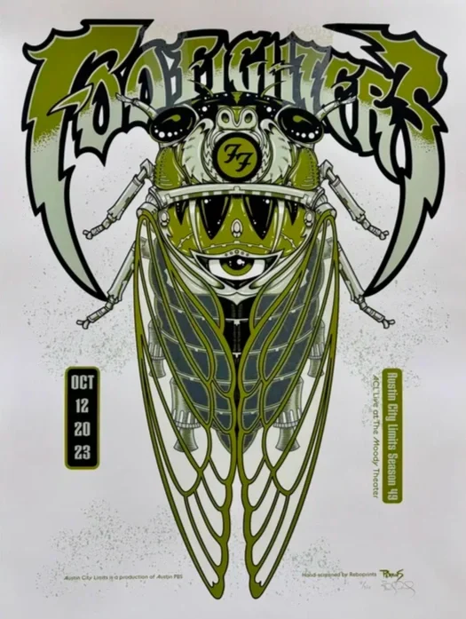 Poster featuring a stylized green cicada with the words 'Too Bright' at the top, event date October 12, 2023, and location Austin, Texas. The design incorporates detailed wings, antennas, and futuristic elements, promoting a music event with other details at the bottom.