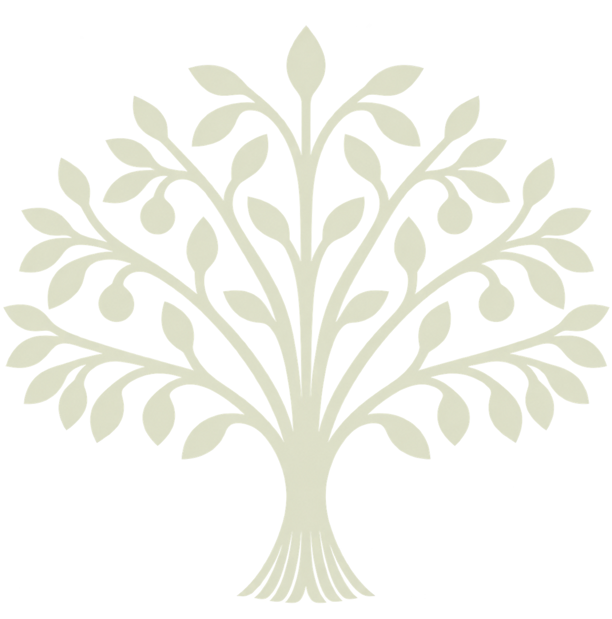 A stylized, symmetrical tree with multiple branches, leaves, and small round fruits or buds in a simple, minimalist design.