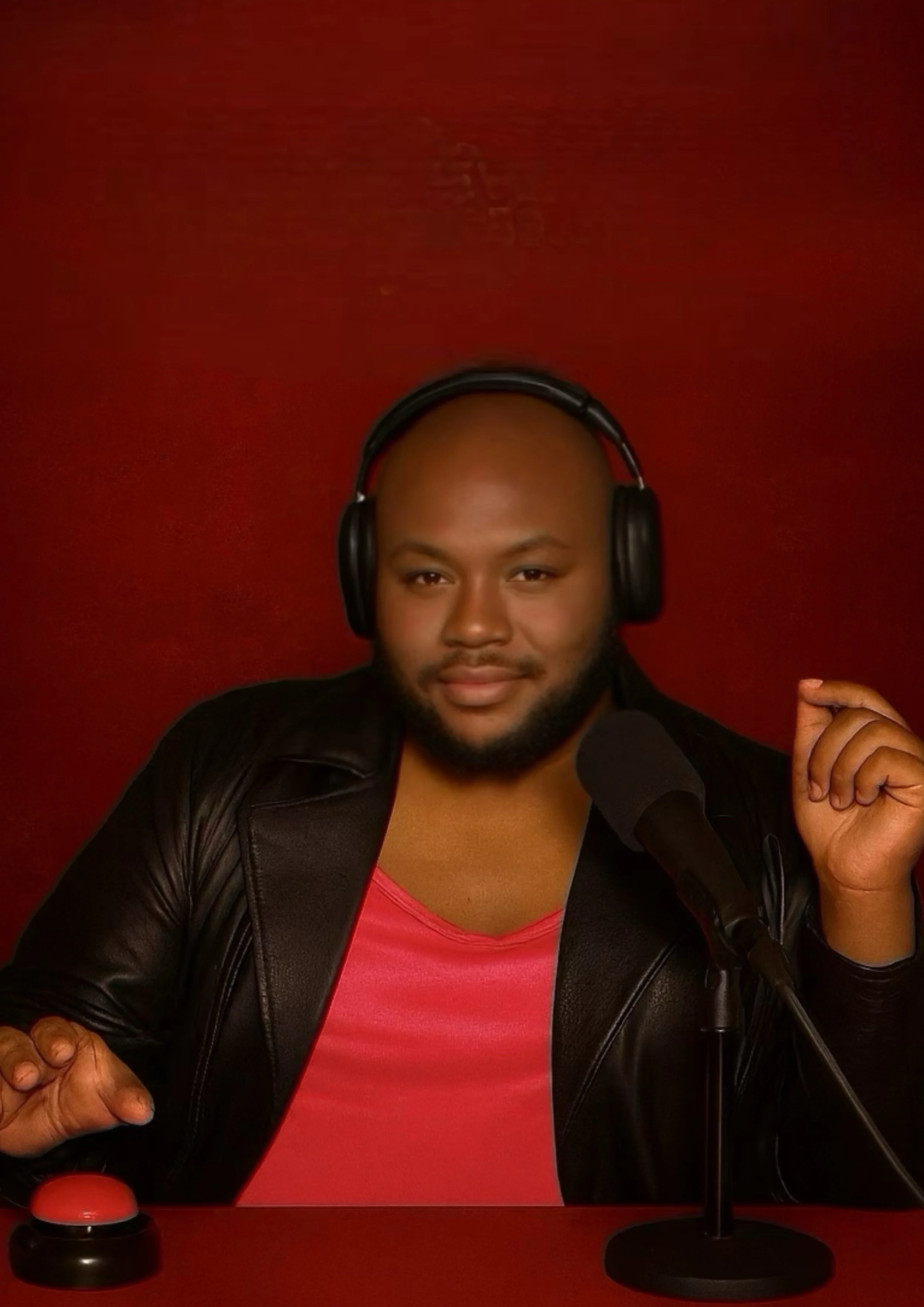 CARMINE DAVIS, wearing headphones sitting in front of a microphone, with a red button on the table and a red background.