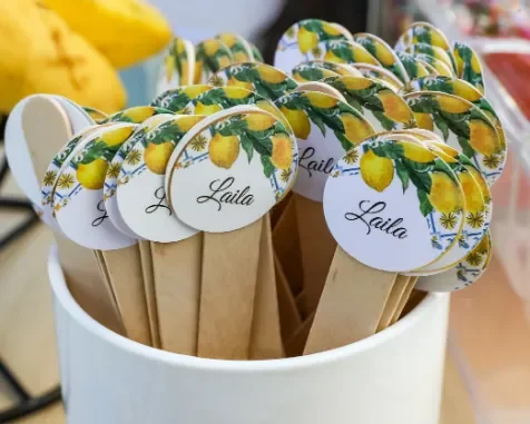 Lemon-themed decorative tags attached to wooden sticks in a white container, with a lemon illustration and the name 'Laila' written on each.