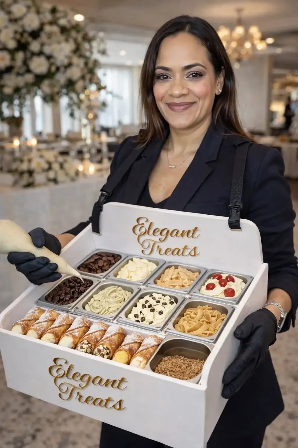 A smiling woman in a black blazer and gloves holding a box of assorted desserts labeled "Elegant Treats" at an event or reception.