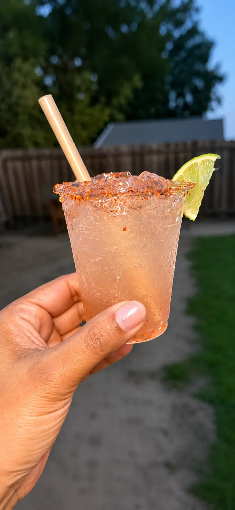 A hand holding a glass of pink margarita with a salted rim, a lime wedge, and a straw outdoors in the evening.