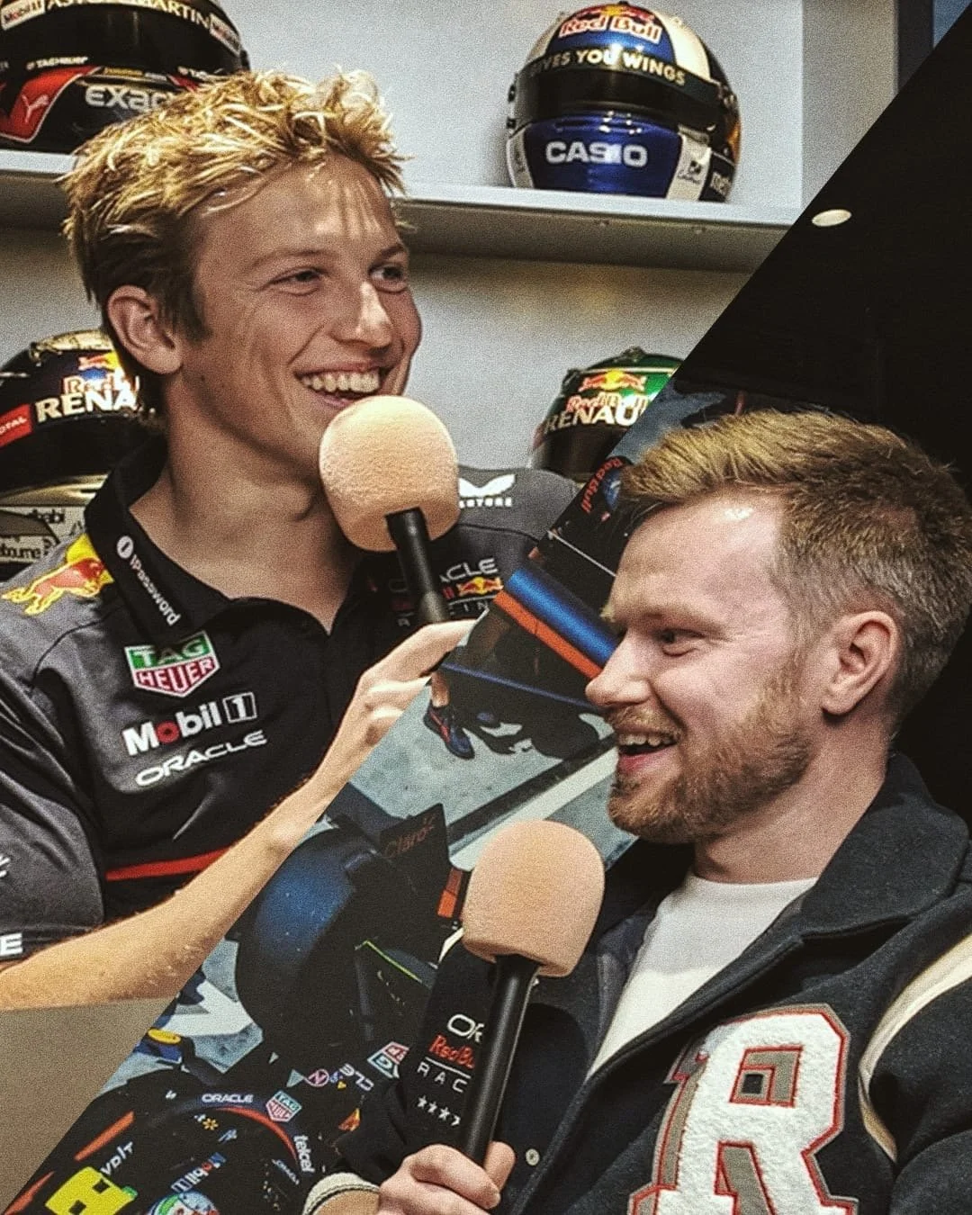 Two Formula 1 drivers are having a conversation during an interview, holding microphones. One driver is in a Red Bull Racing suit, and the other is in a black jacket with an 'R' on it, with helmet images in the background.