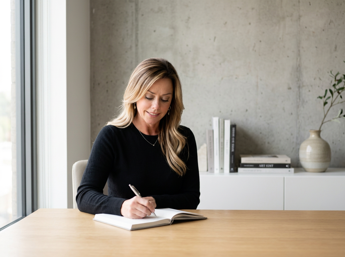 A woman is sitting at a wooden table, writing in a notebook, in a modern room with a concrete wall, a white shelf with books, and a vase with a plant.