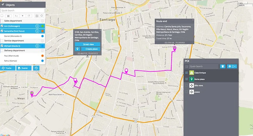 Map displaying a route through Santiago, Chile, with markers and labels indicating starting point, route end, and various points of interest, including streets, departments, and landmarks.