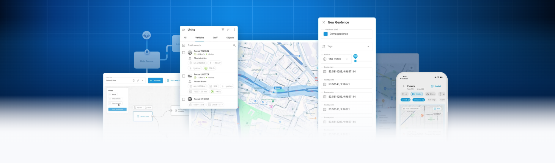 Screenshot of a mobile mapping and vehicle tracking application showing maps, vehicle data, and geofences.