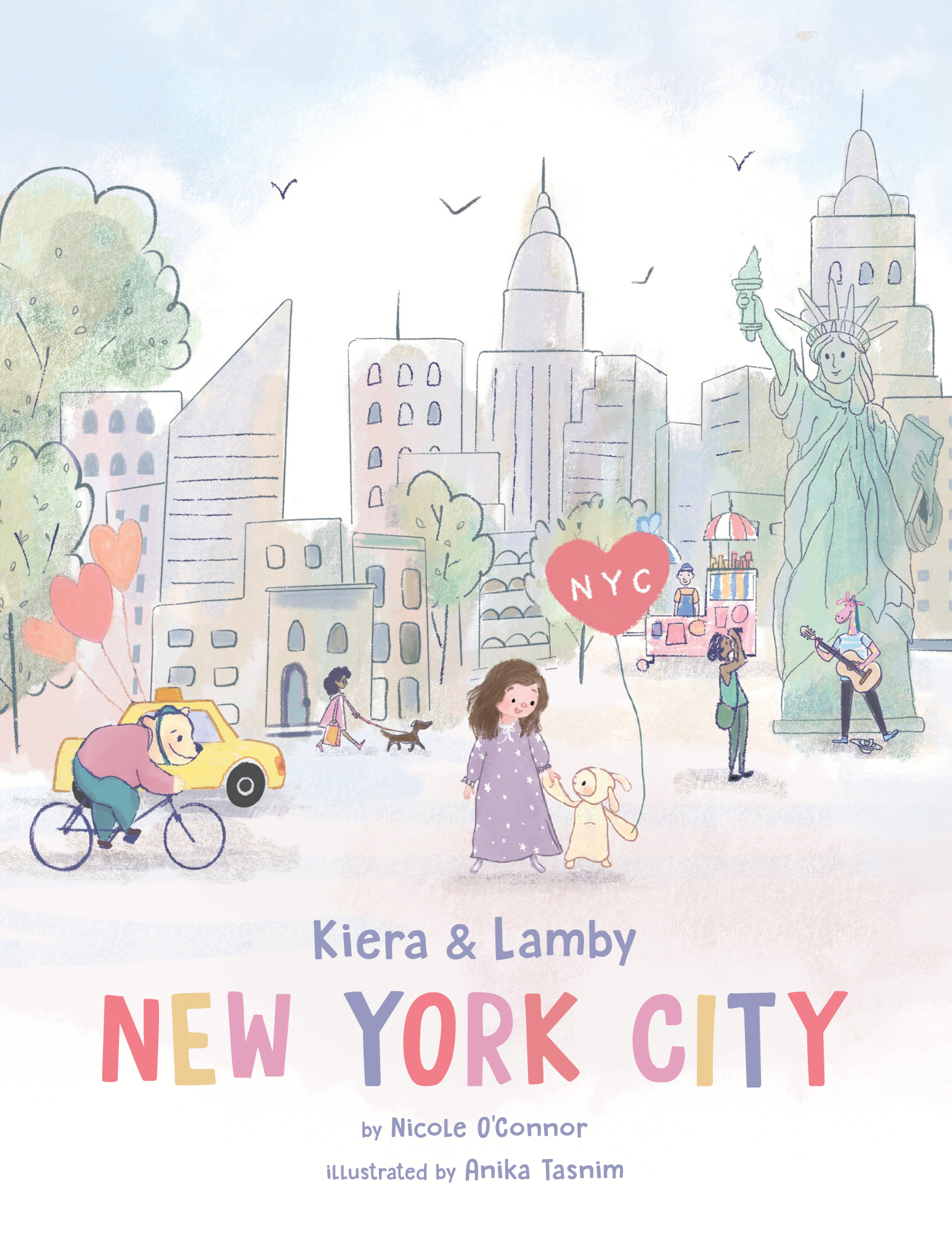 Book cover titled 'Kiera & Lamby New York City' with illustrations of a cityscape, Statue of Liberty, a girl with a lamb, a person with a bicycle, a taxi, and street vendors.