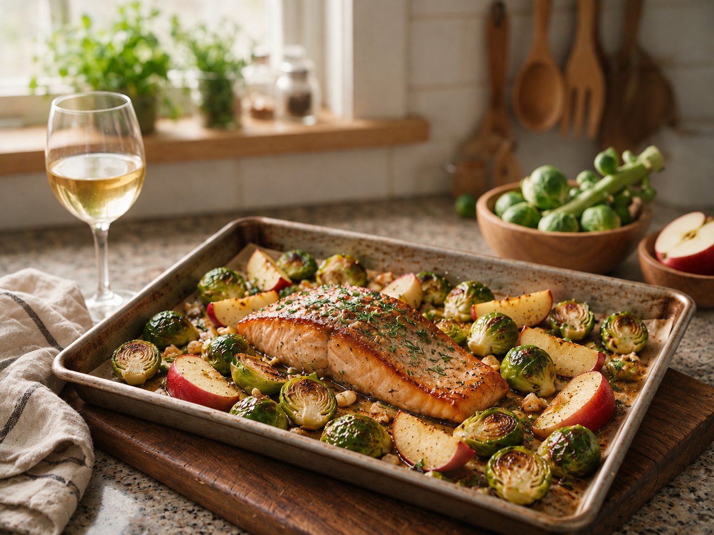 Maple-Dijon Salmon with Roasted Apples &amp; Brussels Sprouts