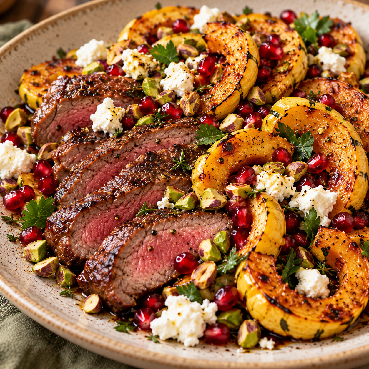 Steak with Roasted Delicata Squash, Pomegranate, Pistachios &amp; Goat Cheese