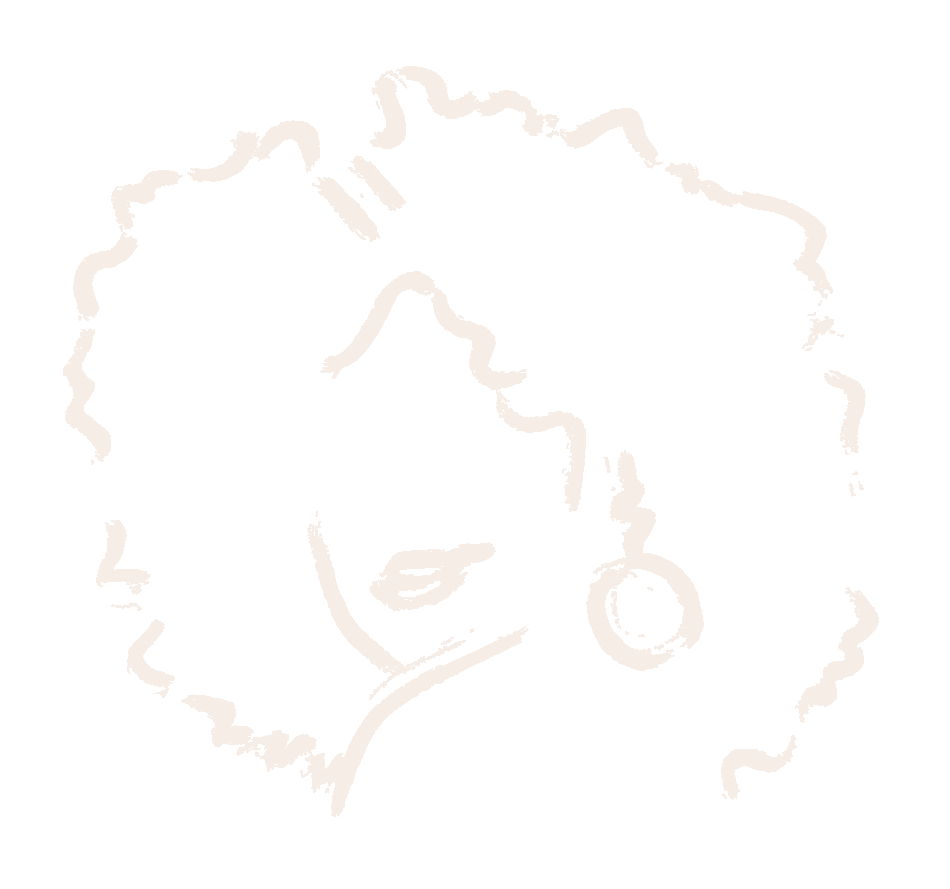 Line drawing of a woman with curly hair wearing earrings.