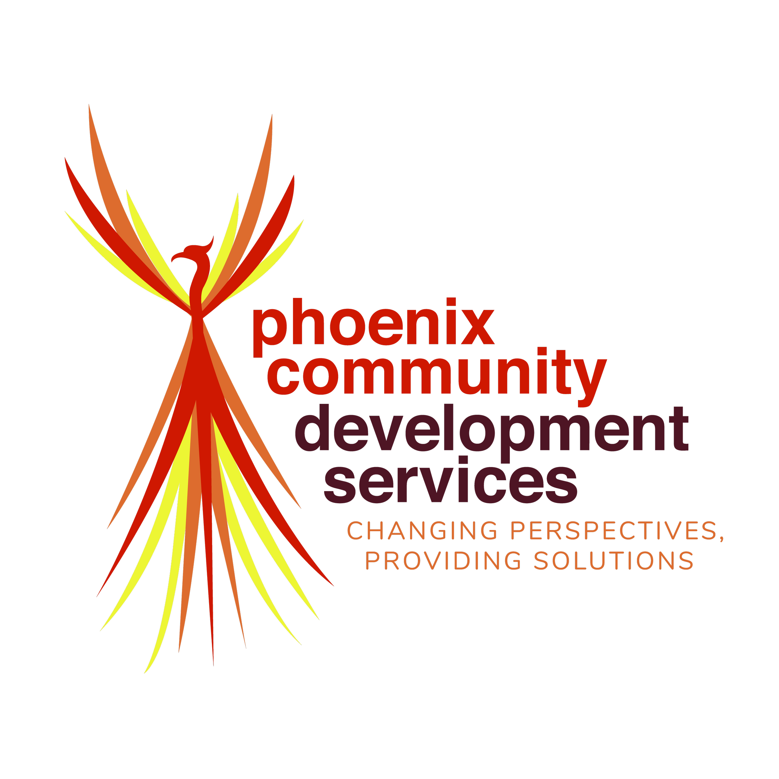 Phoenix Community Development Services Logo. Featuring an image of a phoenix and the text phoenix community development services. Changing perspective, providing solutions.
