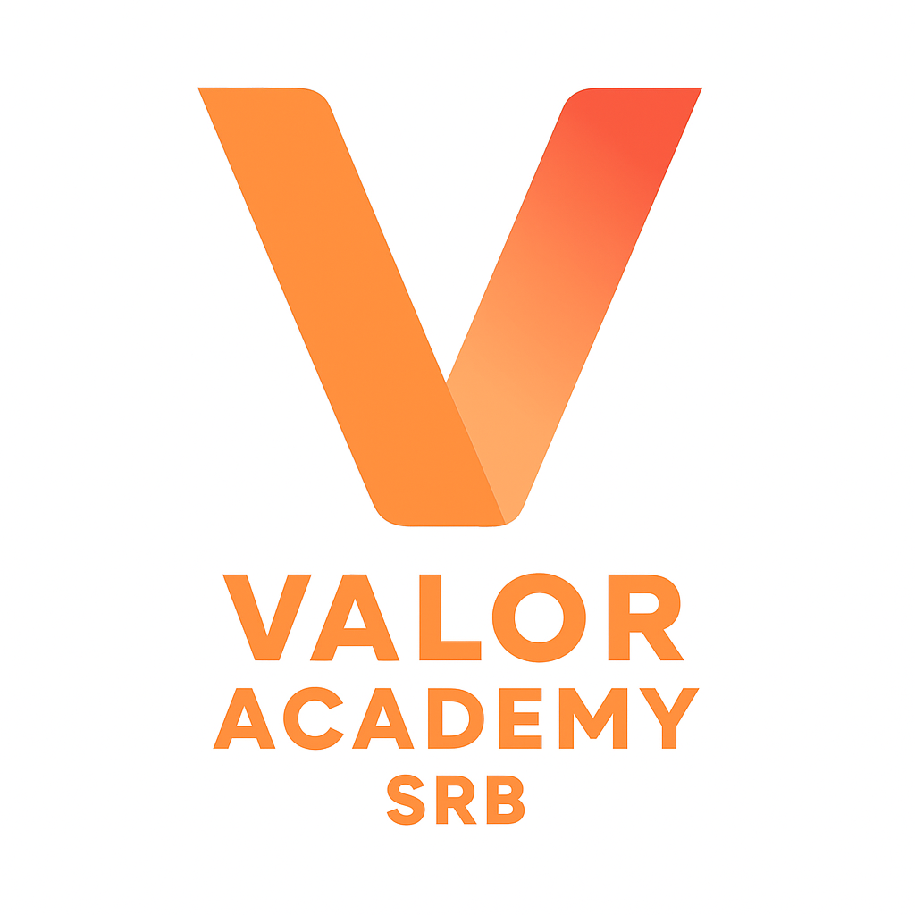 Orange stylized 'V' logo with text 'Valor Academy SRB' below in matching orange on a white background.  The V is also used in Valor Global Online