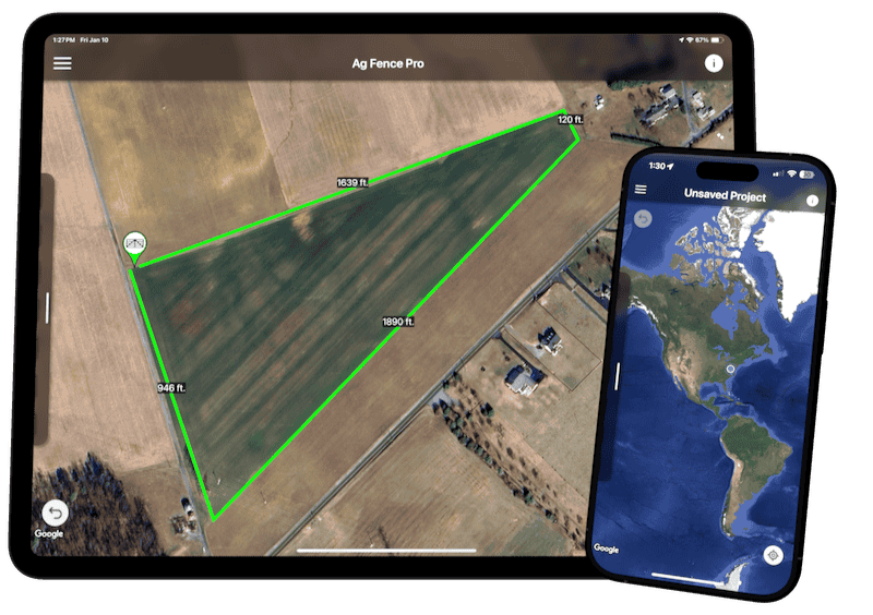 A tablet displaying a map with a green-outlined field measuring 1,639 feet on one side, 120 feet on another, 1,890 feet on another, and 946 feet on the last side, labeled 'Ag Fence Pro.' A smartphone showing a world map with an unnamed project. The background appears to be farmland.