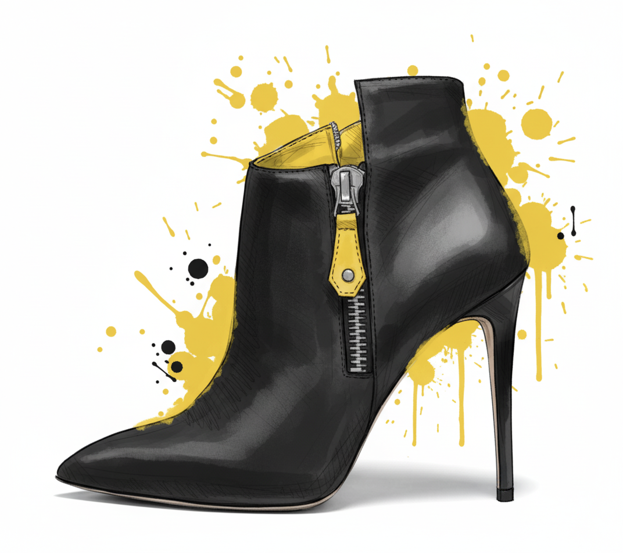 Sketch-style illustration of an asymmetrical heel in high-gloss black patent leather, featuring a vivid yellow interior—ADELINE’s secret signature, a private gift to the wearer. Bold on the outside, intimate within. 
