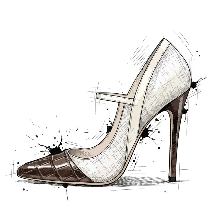 Sketch-style Mary Jane heel blending mixed materials and modern form—beige flax canvas body, smooth white leather ankle strap, rich mahogany heel, and a gator skin toe. Raw, conceptual, and sculpturally bold—where texture becomes attitude.