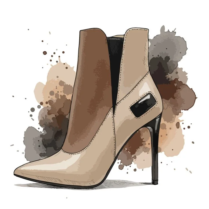 Illustration of a beige high-heeled ankle boot with black accents and a decorative buckle, set against a watercolor splash background.