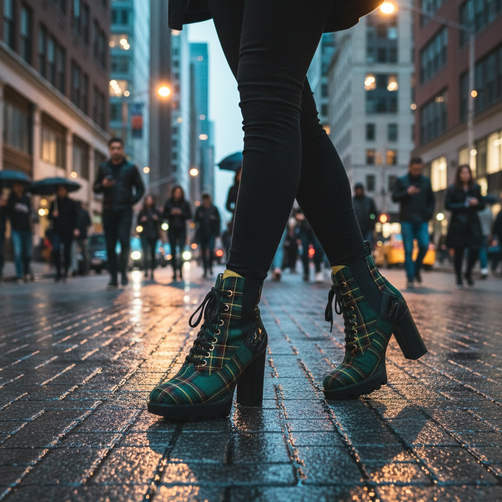 Close-up of woman wearing green plaid high-heeled combat boots standing on wet city street at dusk with people walking in background.