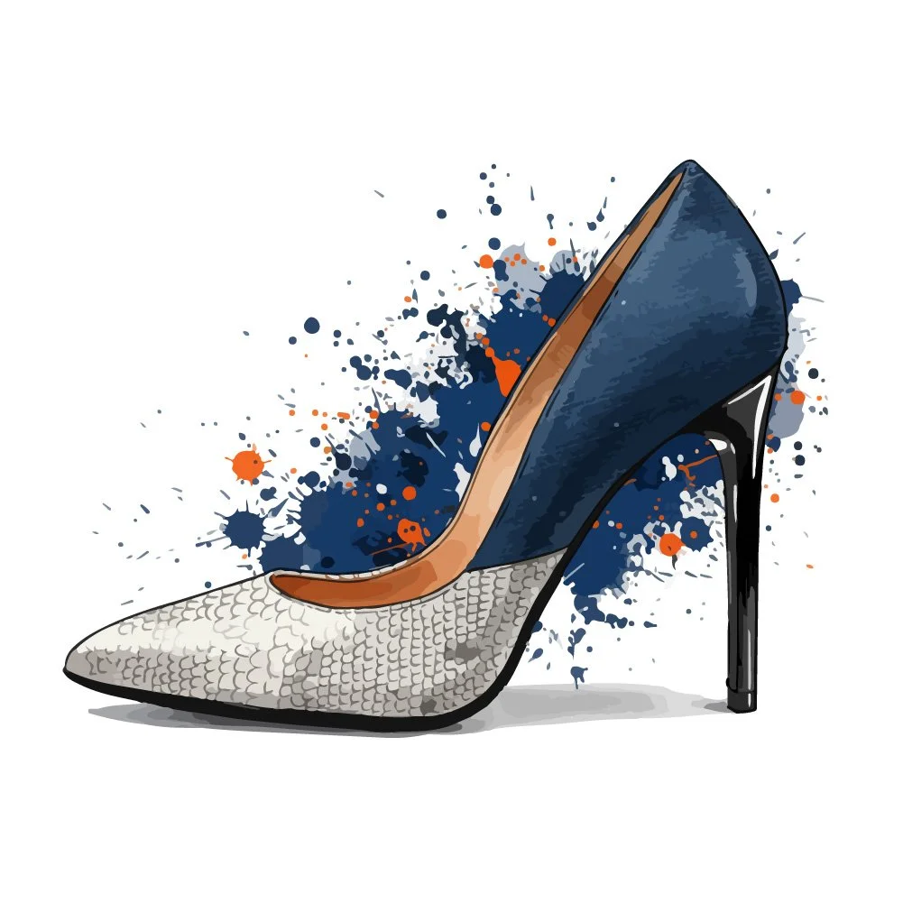 A digital art illustration of a high-heeled shoe with a pointed toe, featuring a snake-skin pattern on the front and a dark blue back, with an orange-brown interior and a tall black heel, set against a white background with blue and orange paint splashes.
