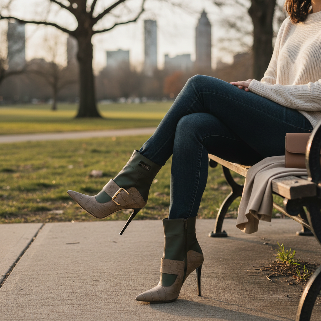 Person sitting on a park bench wearing high-heeled winter boots and dark blue jeans, with a beige sweater and purse nearby, during late afternoon with city skyline in the background.