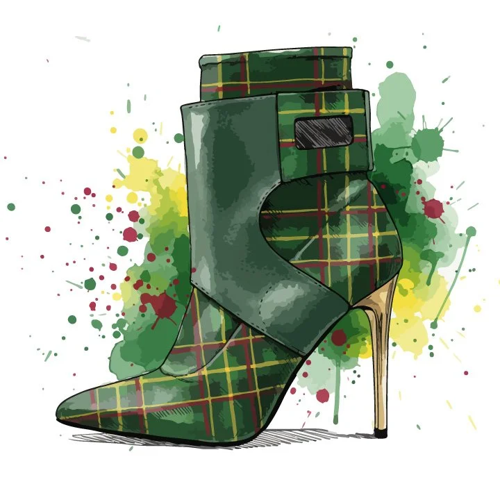 Sketch-style high-heeled boot featuring a bold tartan plaid pattern with a rich green suede overlay and sleek black side zipper. A raw, conceptual take on classic edge—where form, texture, and attitude collide.
