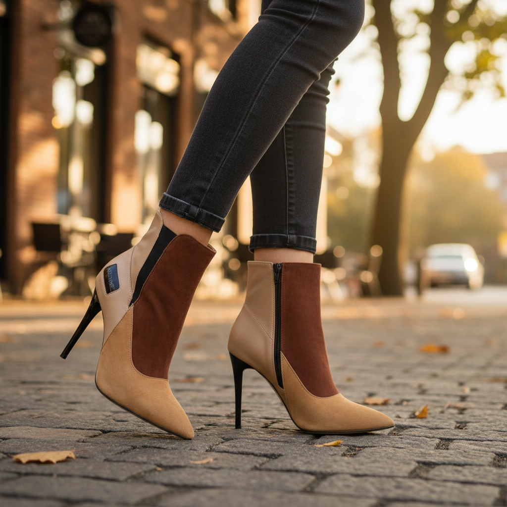 Person wearing high-heeled ankle boots with color block design in beige, brown, and black, standing on cobblestone street with blurred trees and buildings in background during sunset.