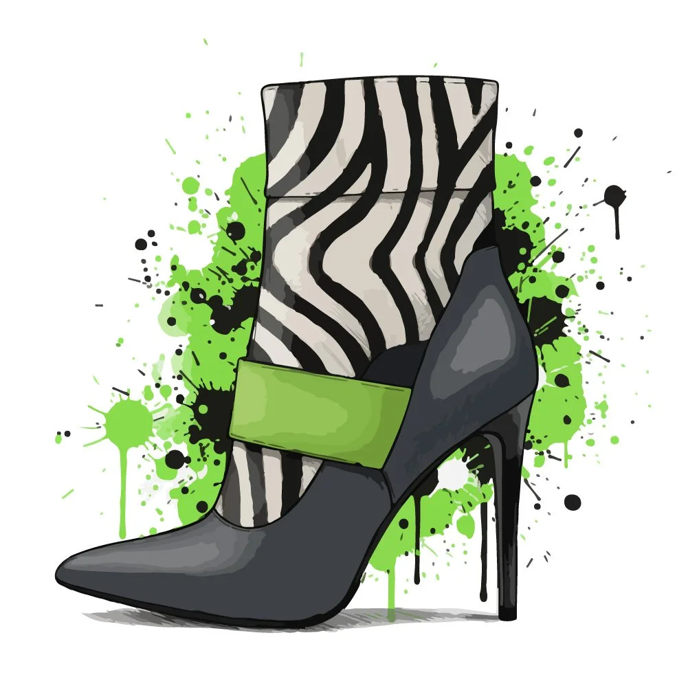 Stylish high-heeled shoe with a zebra print pattern and a green strap, set against a splattered green and black background.