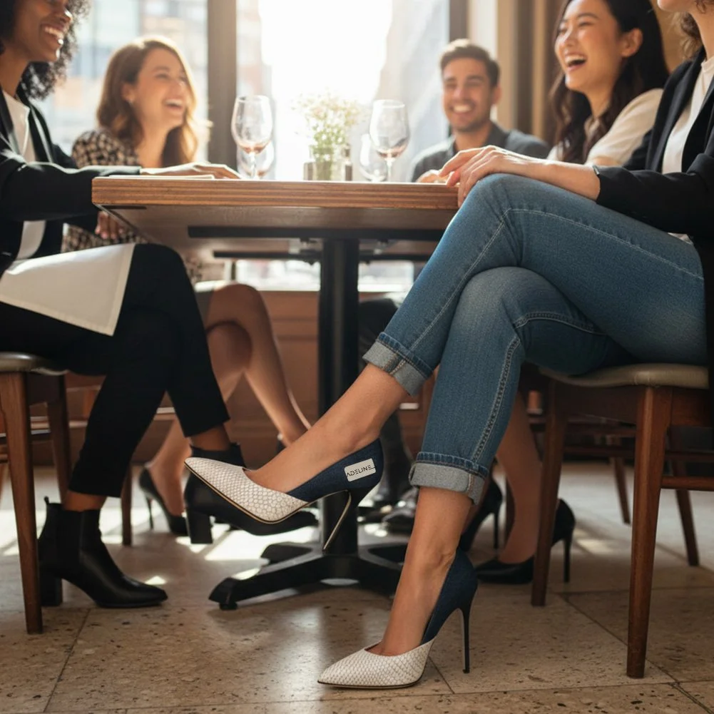 People sitting at a restaurant table laughing, wearing stylish shoes, with glasses of wine on the table.