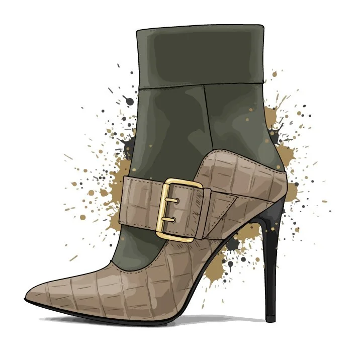 An artistic illustration of a pointed-toe high-heeled boot, where structured olive green vegan leather meets textured beige gator skin in a sculptural strap detail—finished with a gleaming gold buckle. 