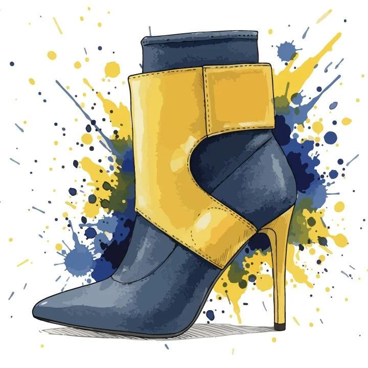 Straight from the designer’s sketchbook—a high-heeled boot that plays in contrast, wrapping vivid yellow leather around deep navy denim and anchoring it with a high-gloss canary yellow heel.