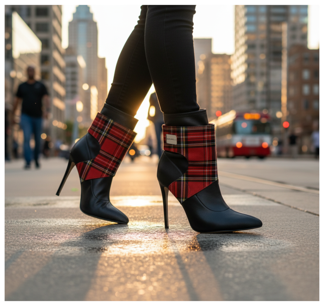 Close-up of a person's legs wearing black leggings and fashionable high-heeled boots with red plaid fabric accents, standing on a city street during sunset, with blurred city buildings and a bus in the background.